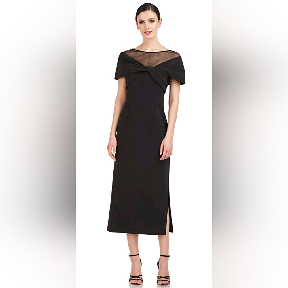 JS COLLECTIONS Black Sheer Yoke Twist Pleated Stretch Crepe Slit Midi